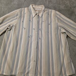 Alfred Dunner Blouse 16w Button Up‎ Blue Tan Stripes Shoulder Pads Metal Buttons